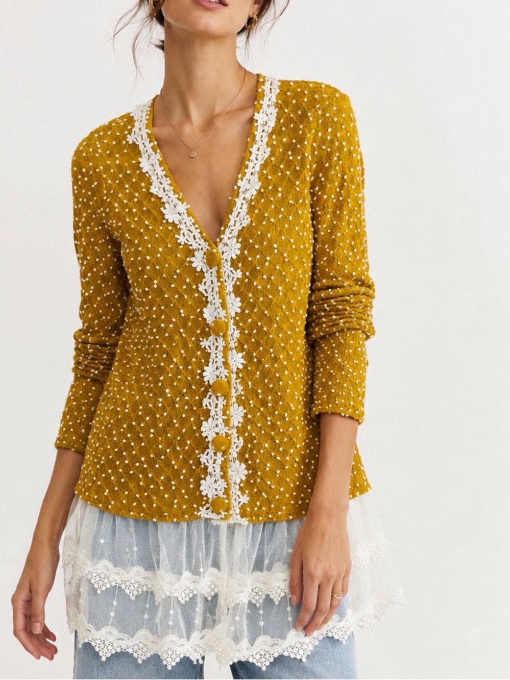 Anthropologie A’reve Mustard Yellow & White Polka Dot Tulle Button Down Cardigan